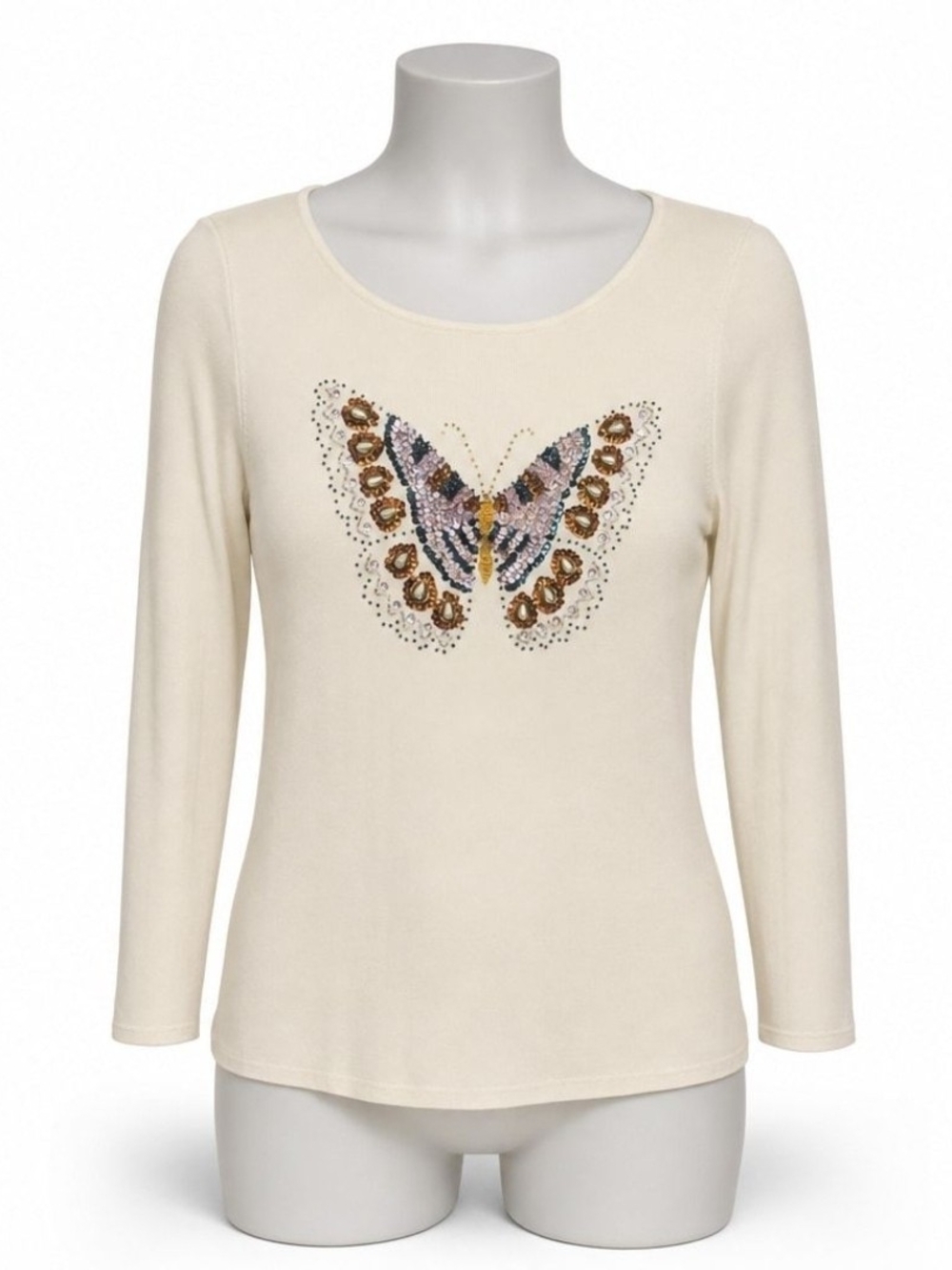 Embellished Cream Long-Sleeve Tee with Butterfly Motif